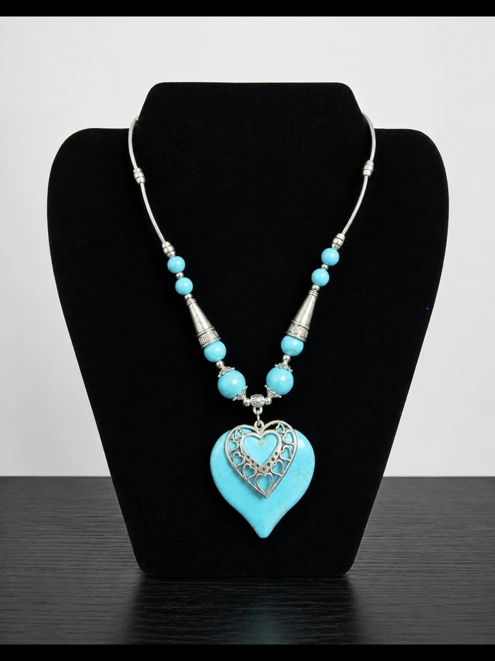 Turquoise Heart Bead Necklace with Silver Filigree Accent